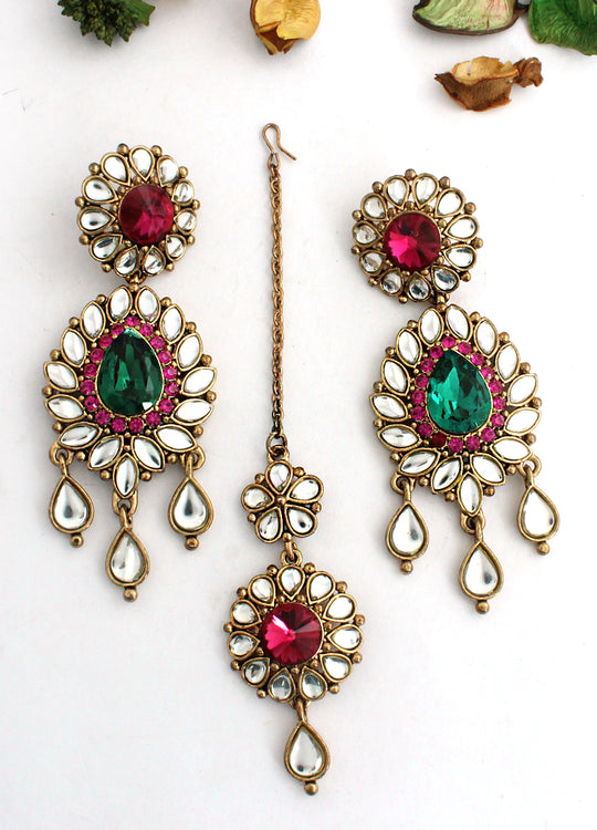 Mishti Earrings & Tikka-Pink/Green