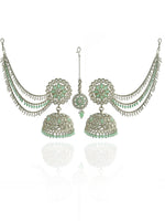 Shiza Jhumki Earrings with Earchain & Tikka-Mint Green / Silver