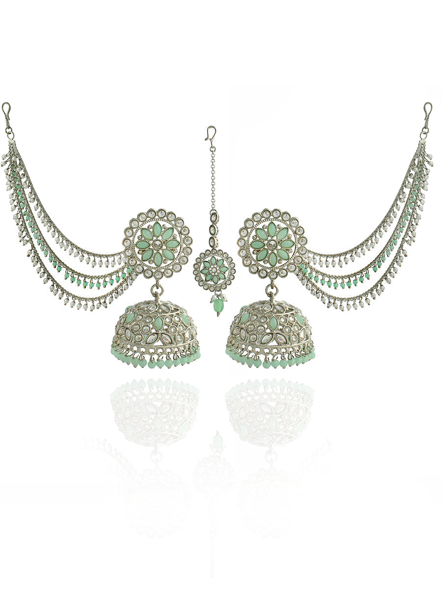 Shiza Jhumki Earrings with Earchain & Tikka-Mint Green / Silver