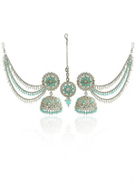 Shiza Jhumki Earrings with Earchain & Tikka-Turquoise/Silver