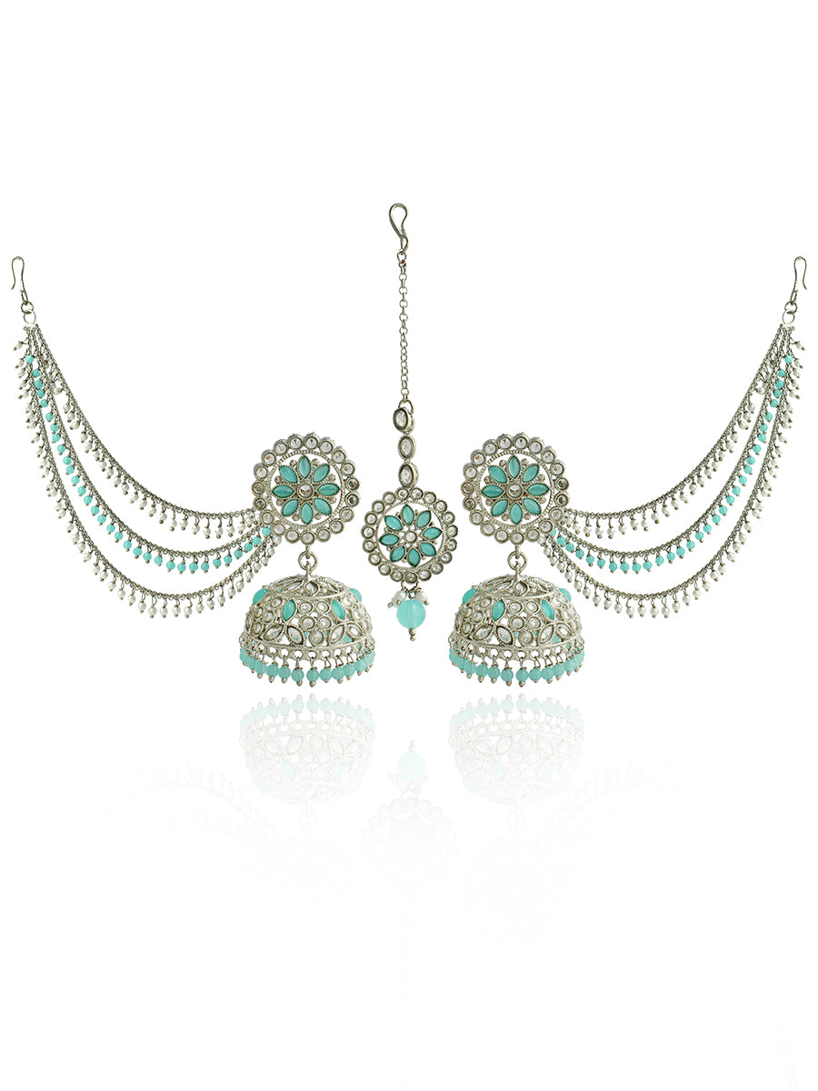 Shiza Jhumki Earrings with Earchain & Tikka-Turquoise/Silver
