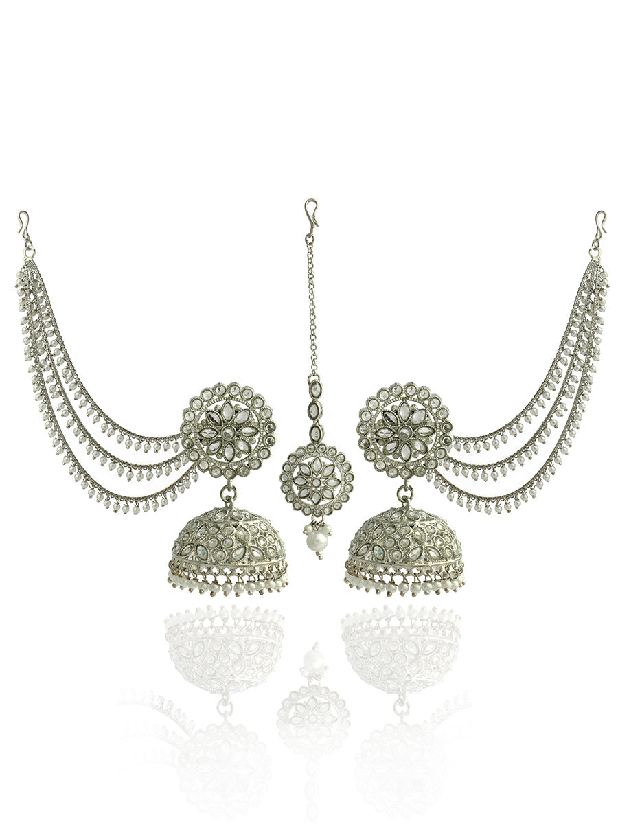 Shiza Jhumki Earrings with Earchain & Tikka-Silver