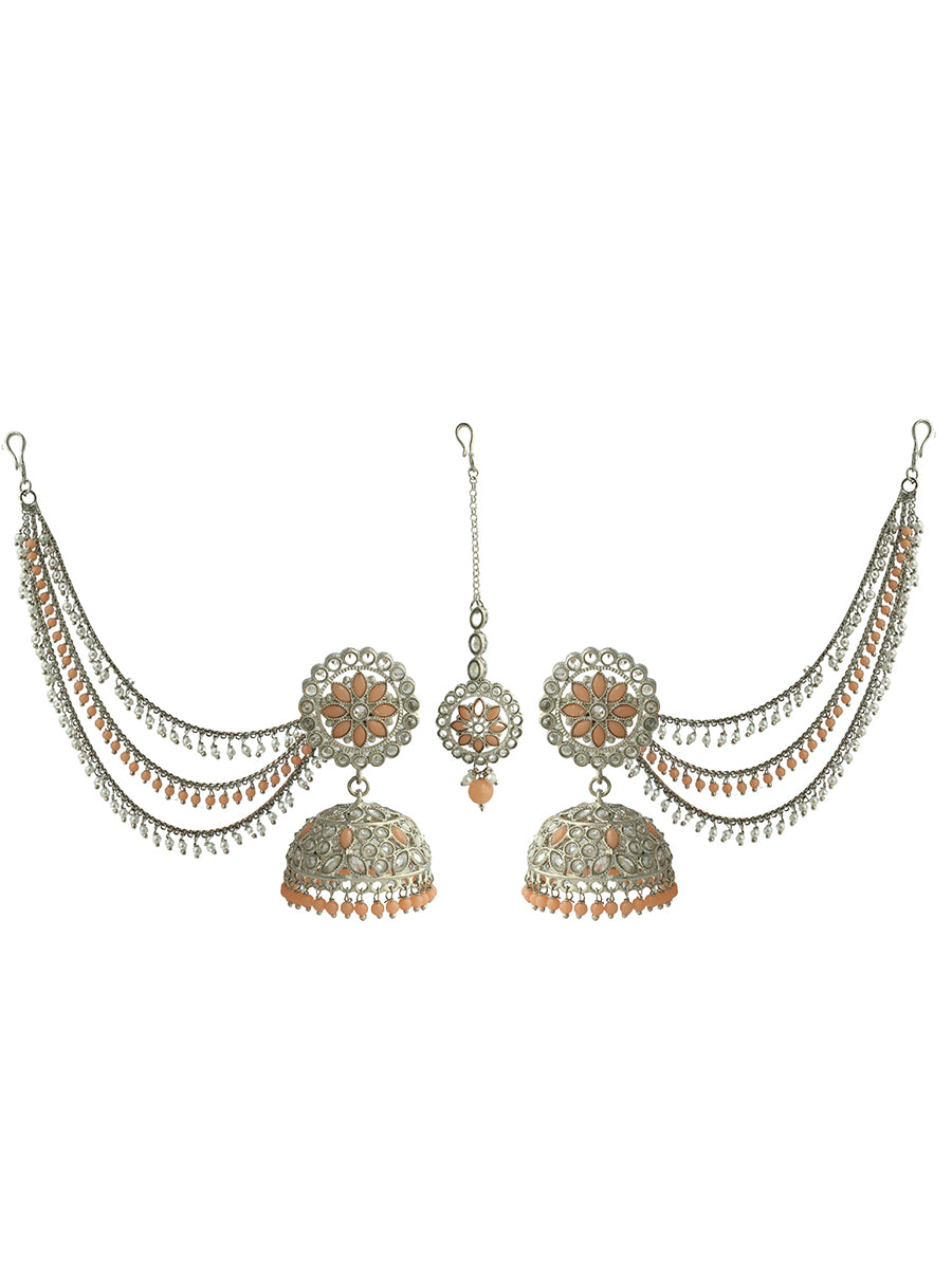 Shiza Jhumki Earrings with Earchain & Tikka-Peach