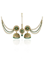 Shiza Jhumki Earrings with Earchain & Tikka-Green
