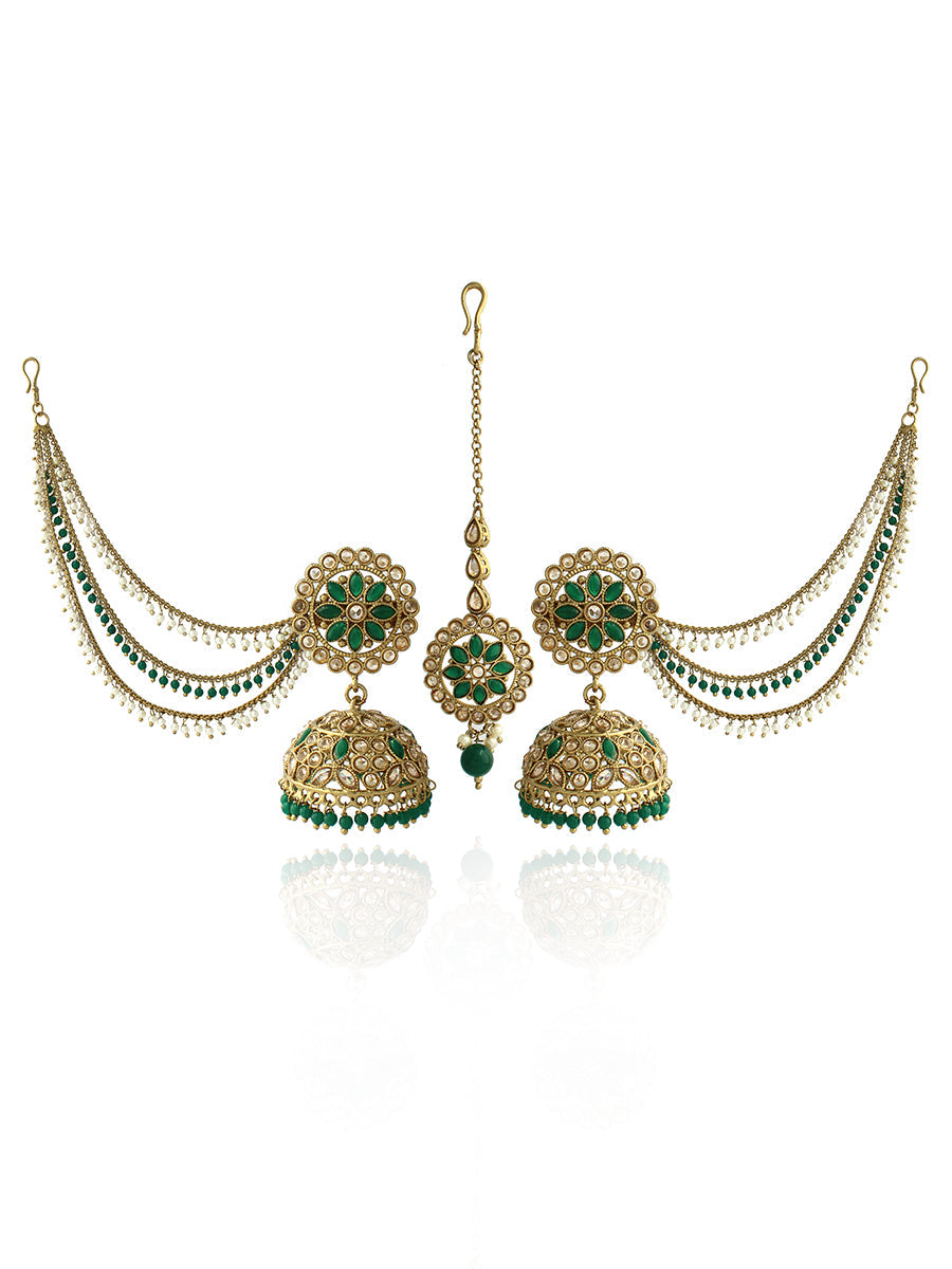 Shiza Jhumki Earrings with Earchain & Tikka-Green