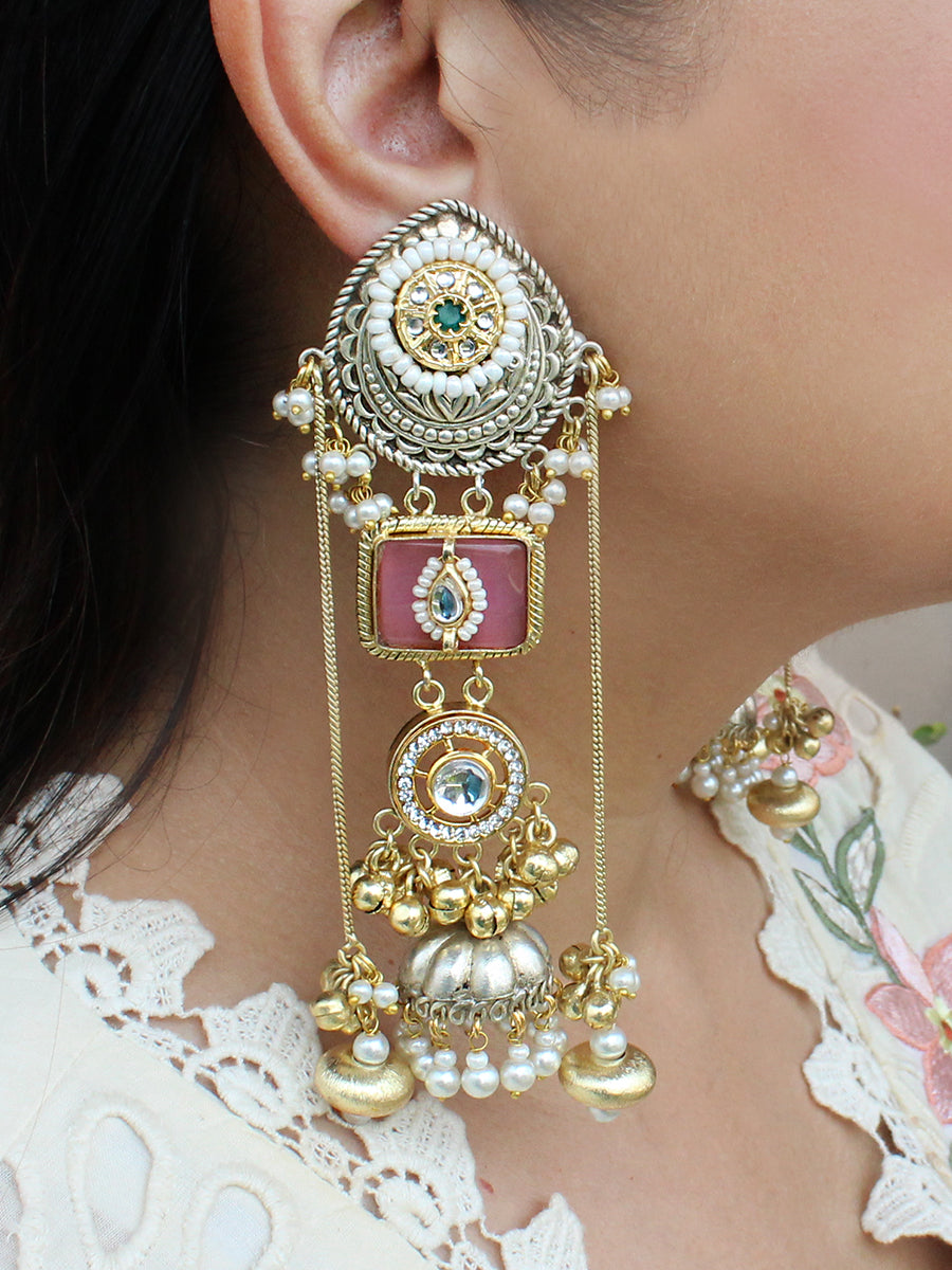 Devika Long Jhumka / Jhumki Earrings-Pink