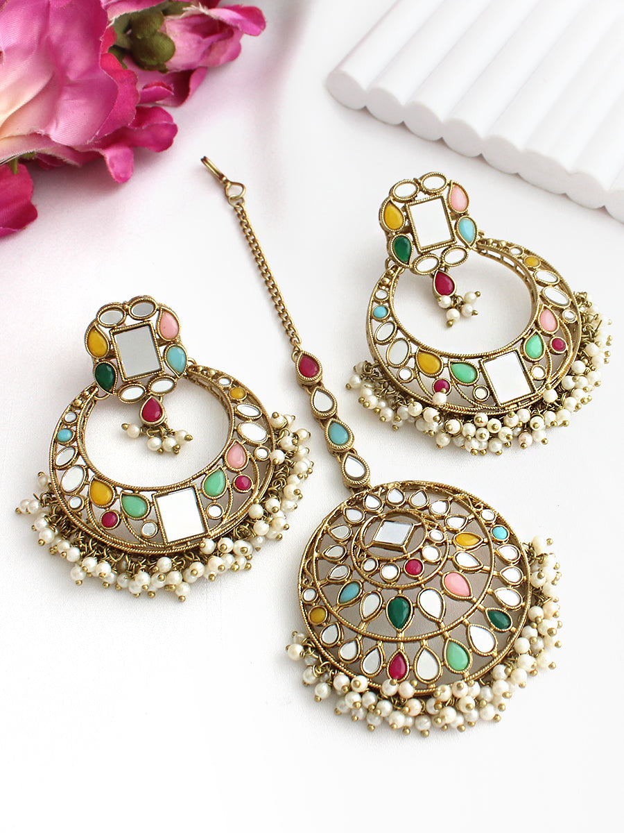 Amyra Mirror Earrings & Tikka-Multi