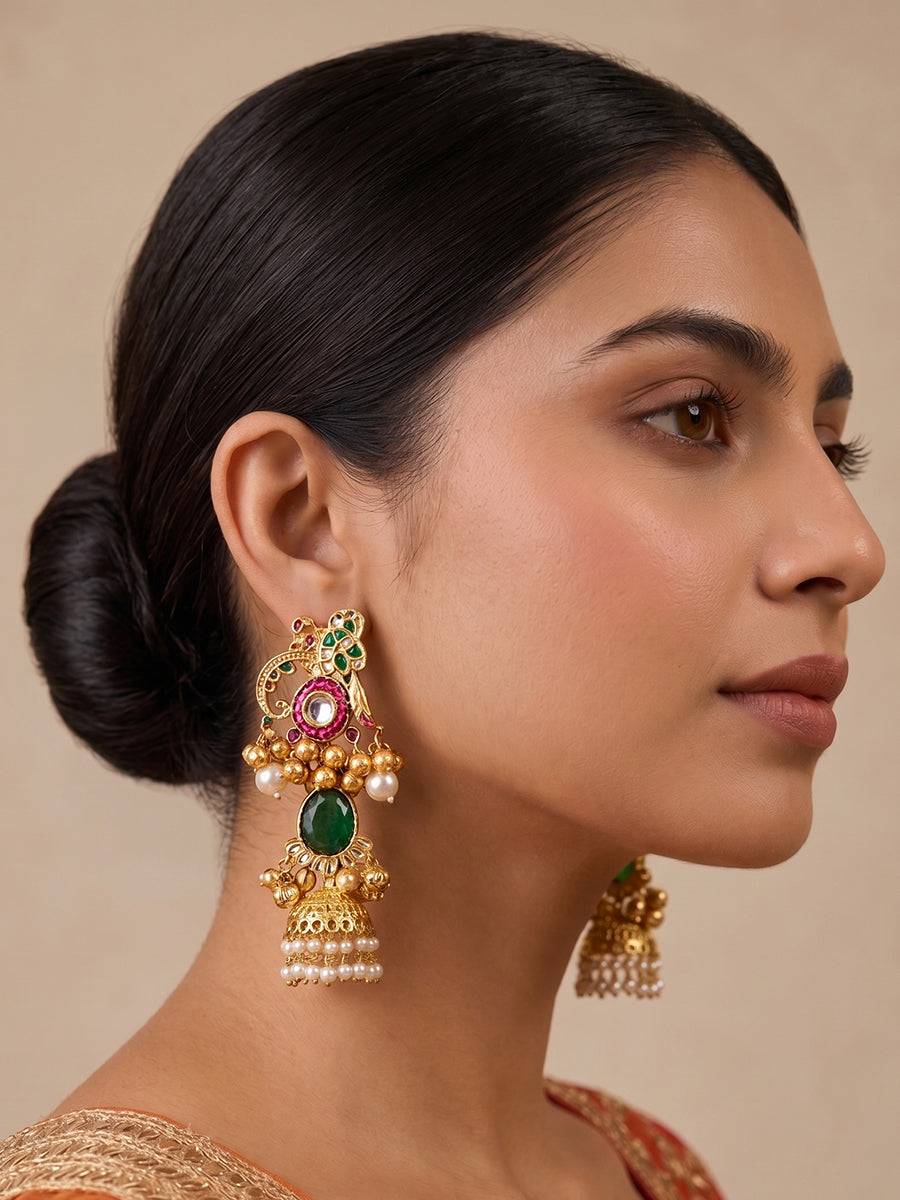 Shampa Long Jhumki Earrings-Green