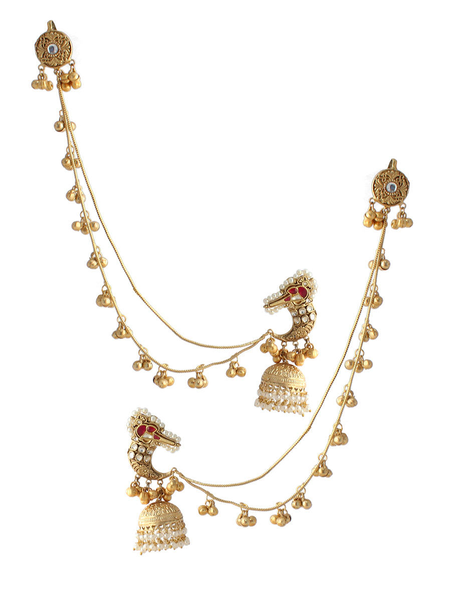 Chitra Jhumki Earrings With Ear Chain-Hot Pink