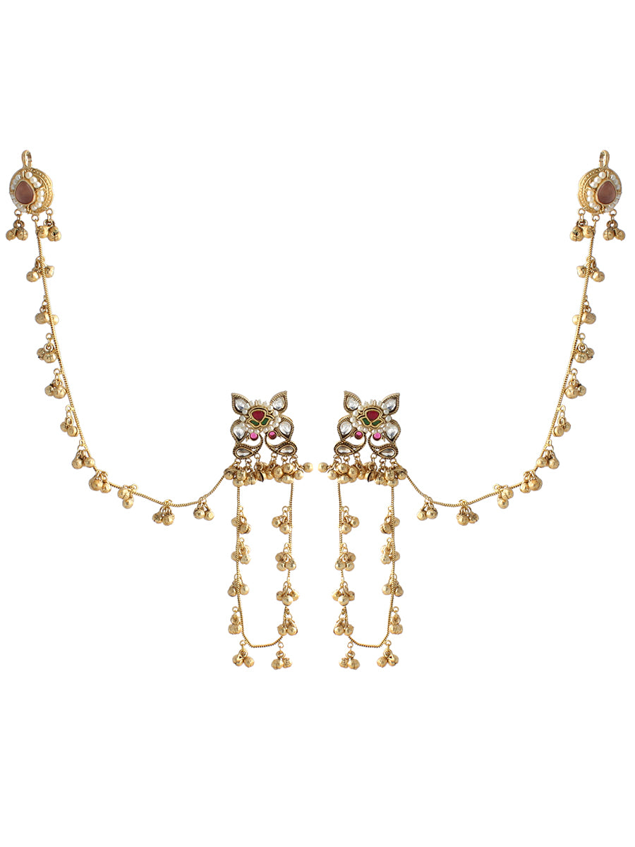Dhanvi Long Earrings With Ear Chain-Pink