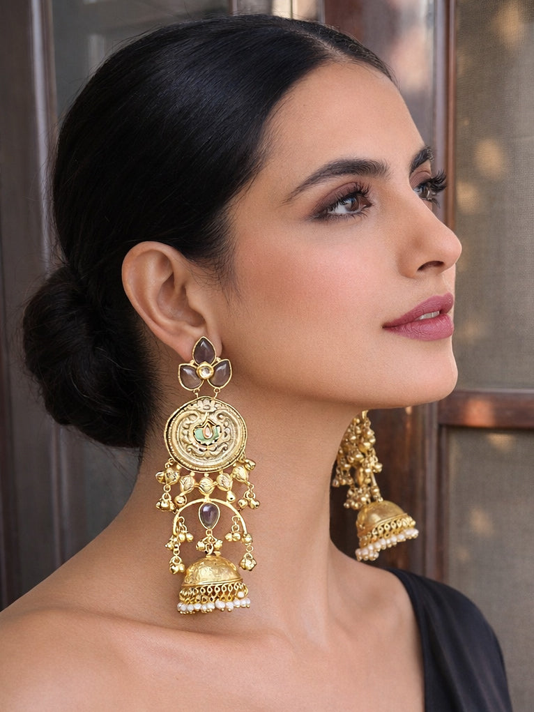 Karnika Long Jhumki Earrings-Grey