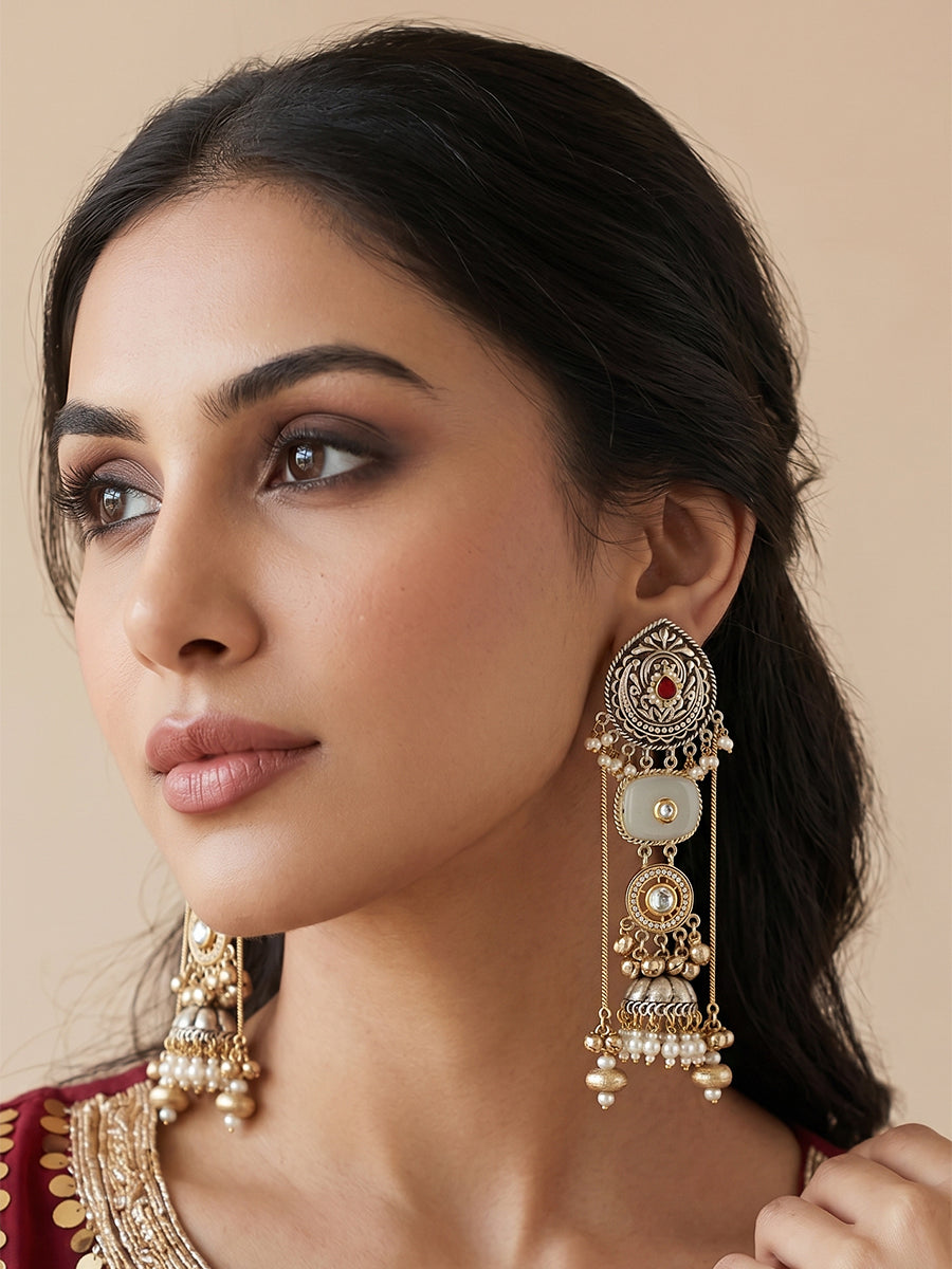 Devika Long Jhumka / Jhumki Earrings-Ivory
