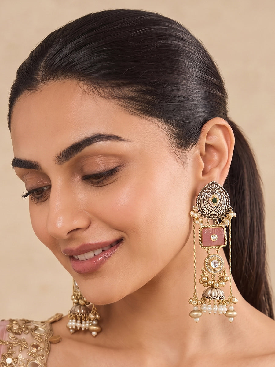 Devika Long Jhumka / Jhumki Earrings- Pastel Pink
