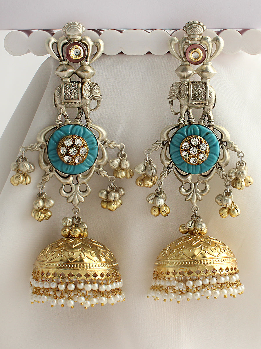 Yashvi Long Jhumka / Jhumki Earrings-Turquoise