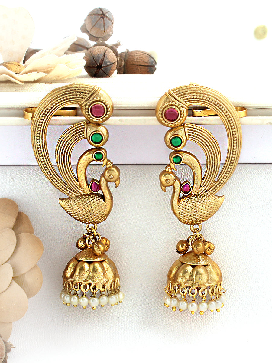 Urvika Kaanphool Jhumki Earrings-Pink / Green