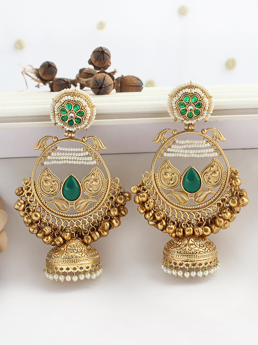 Anshula Long Jhumka Earrings-Green