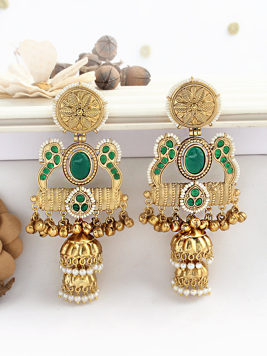 Urja Long Jhumki Earrings-Green