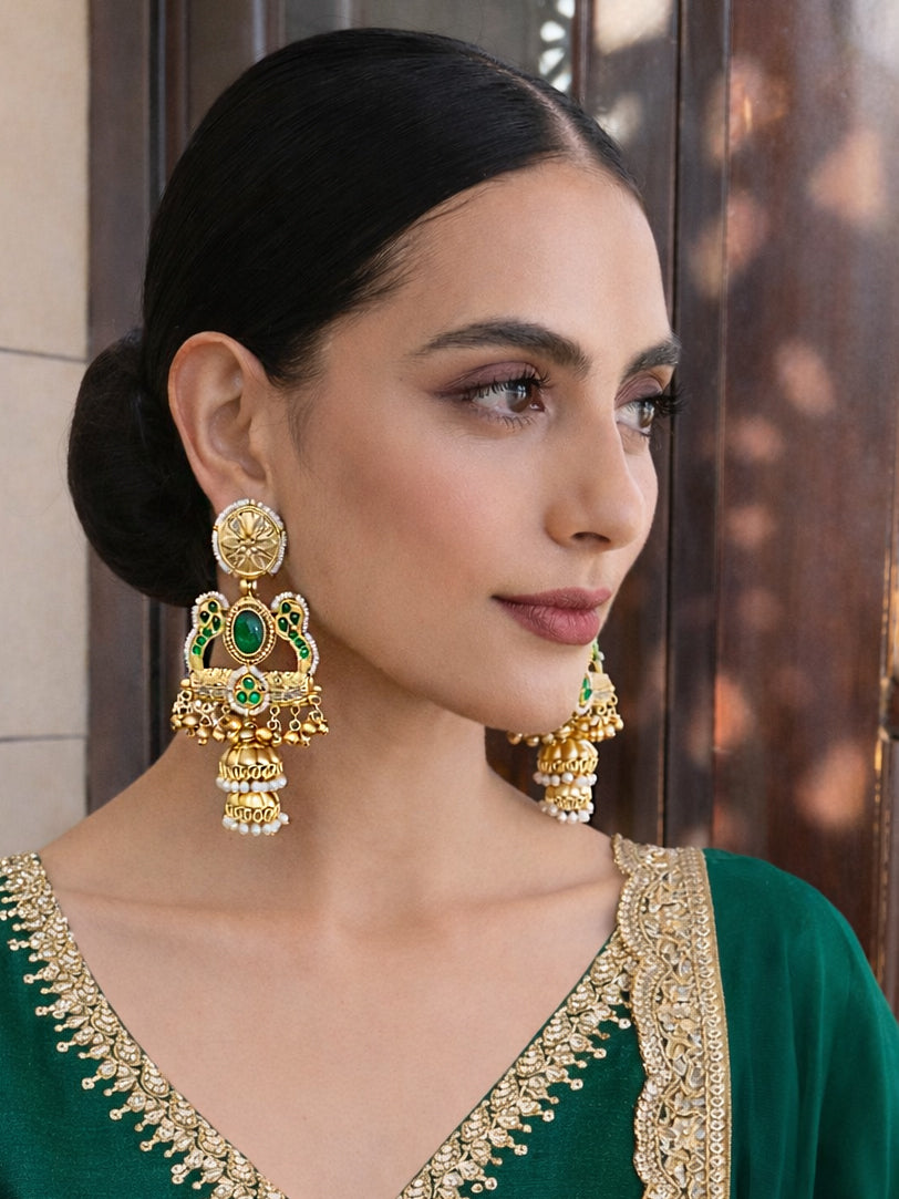 Urja Long Jhumki Earrings-Green