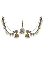Ivana Mirror Jhumki Earrings Tikka With Ear Chain-Gold