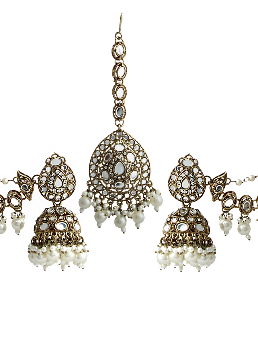 Nirvi Mirror Earrings Tikka With Ear Chain