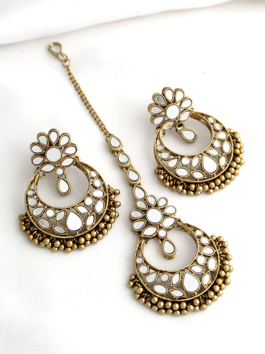 Risha Mirror Earrings & Tikka-Antique Gold