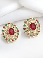 Saima Jadau Stud Earrings-Maroon Green