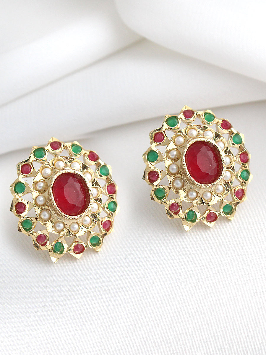 Saima Jadau Stud Earrings-Maroon Green
