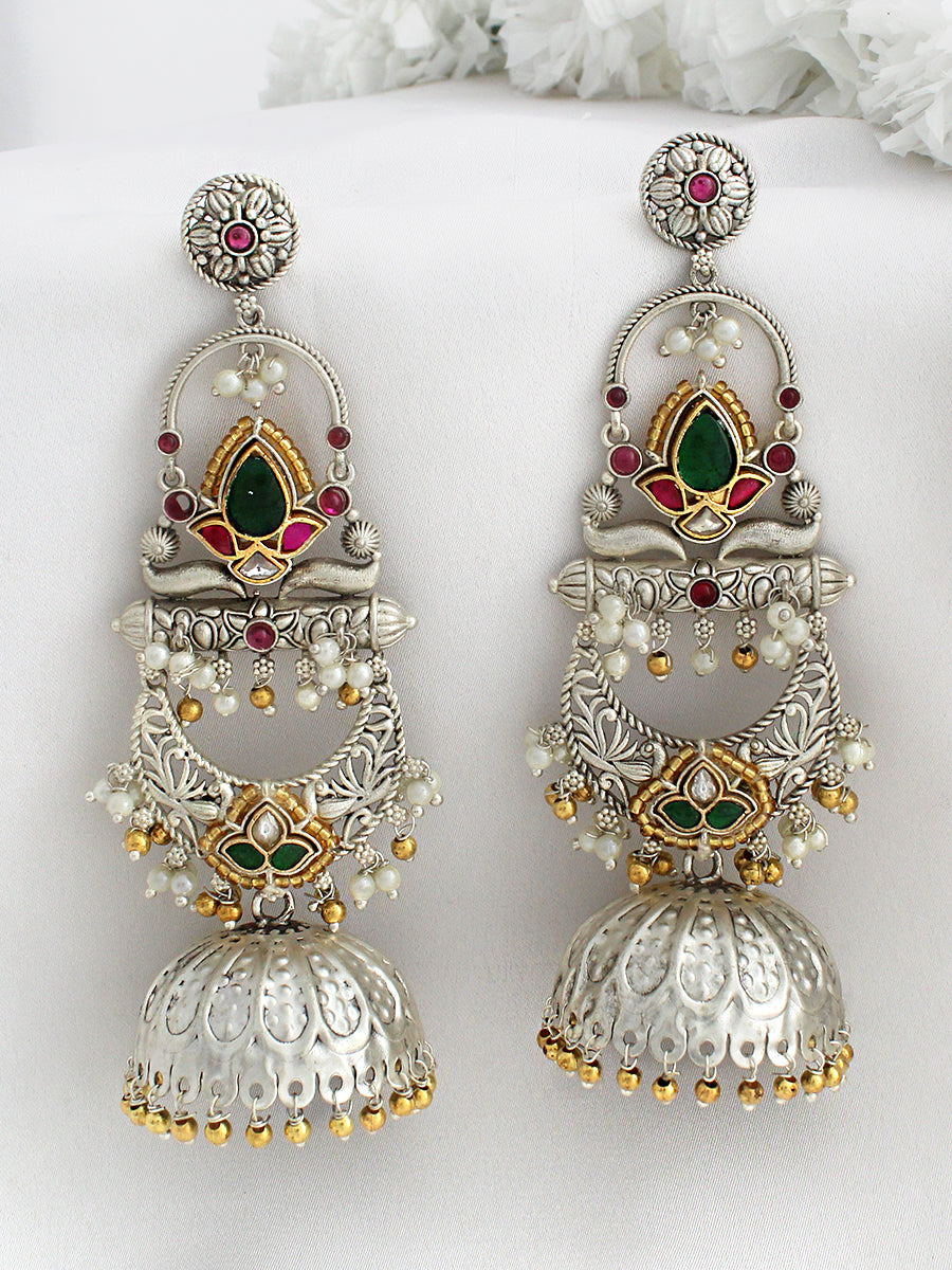 Sitakshi Long Jhumki Earrings-Silver