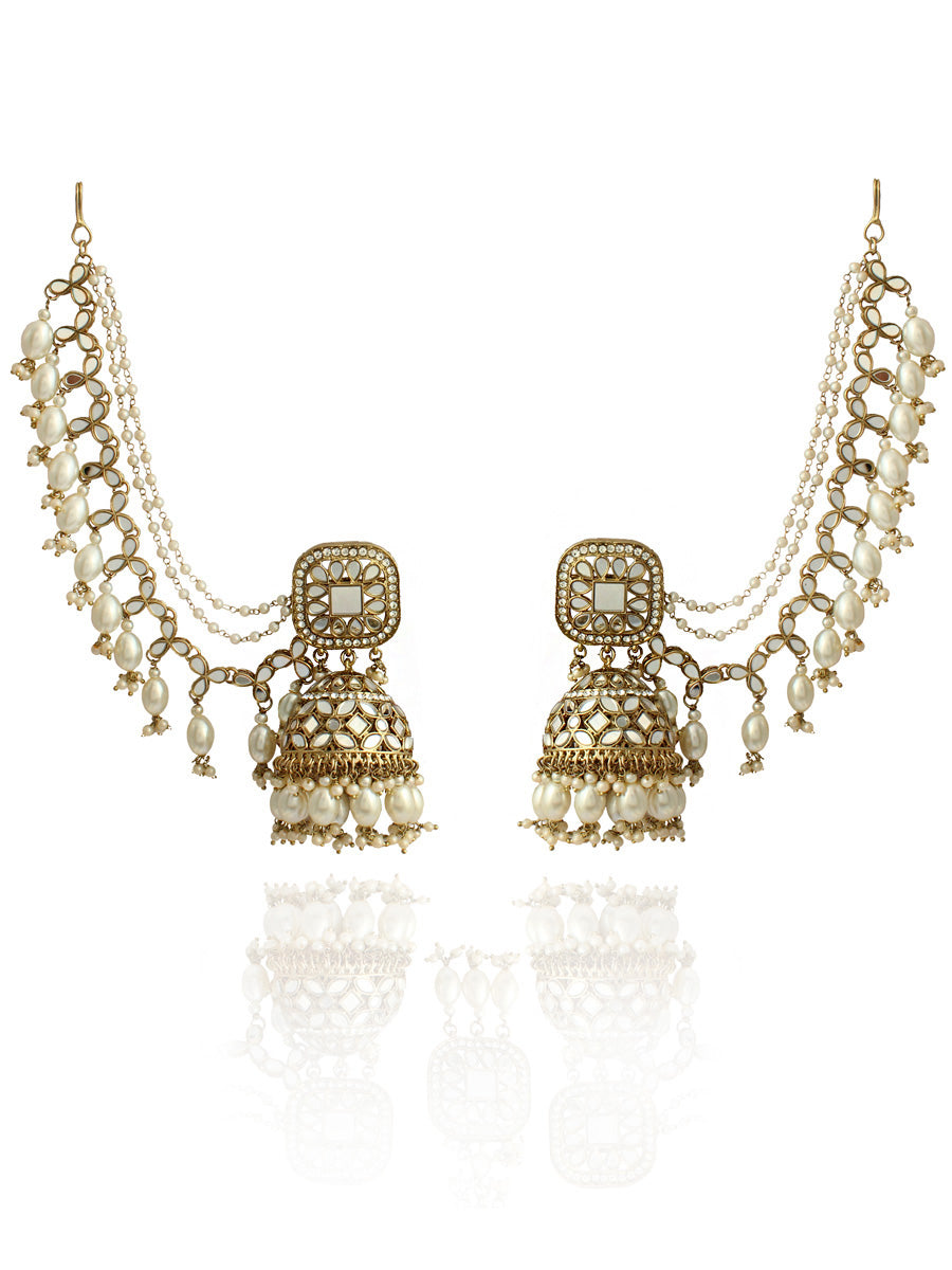 Rasika Mirror Earrings with Earchain-Gold