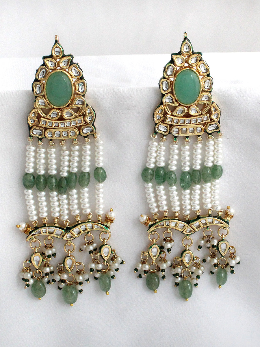 Vedika Kundan Long Earrings-Mint Green