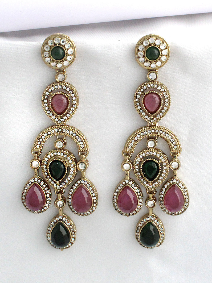 Ahira Long Earrings-Pink / Green