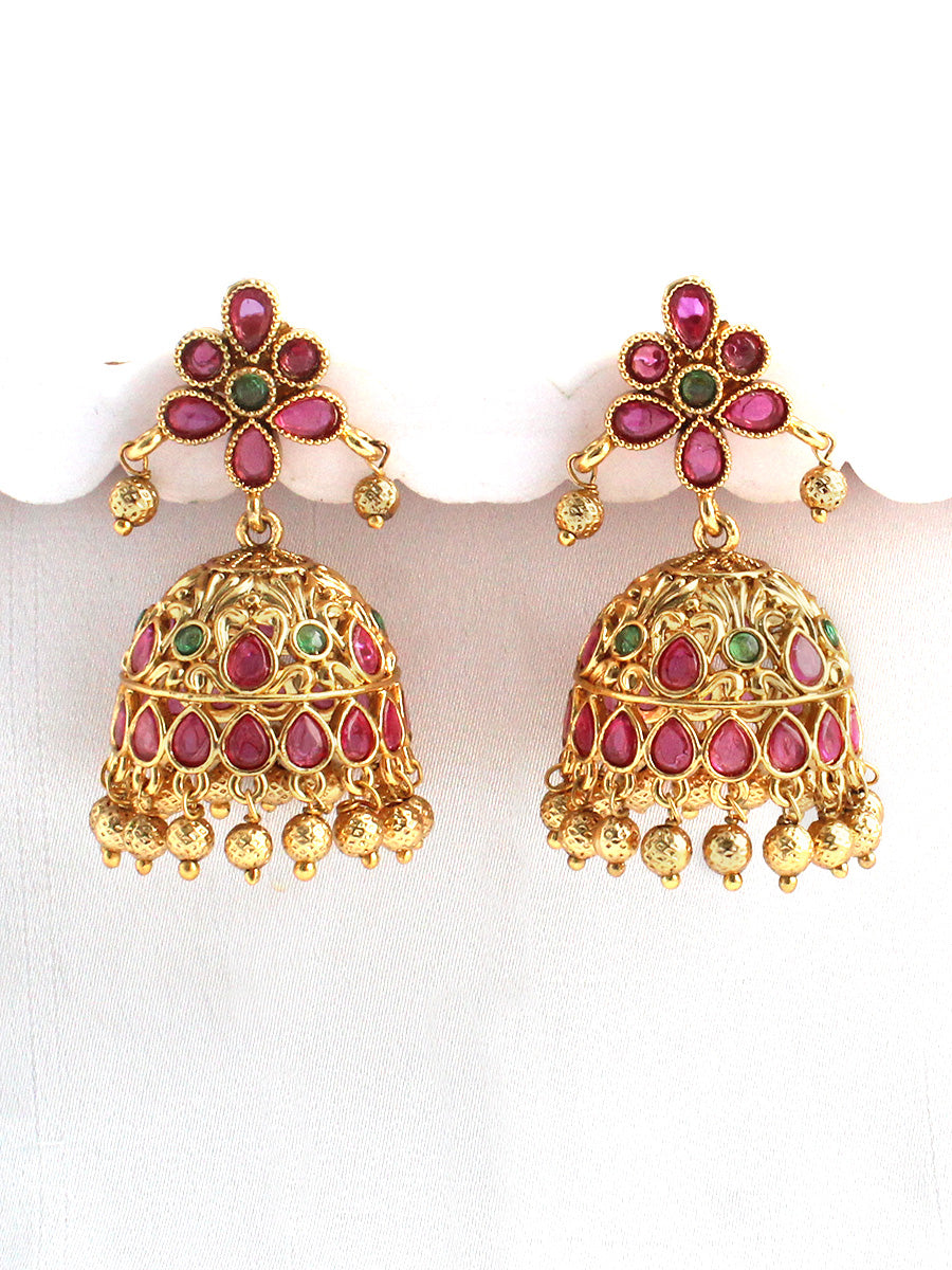 Aarna Jhumki Earrings-Pink / Green