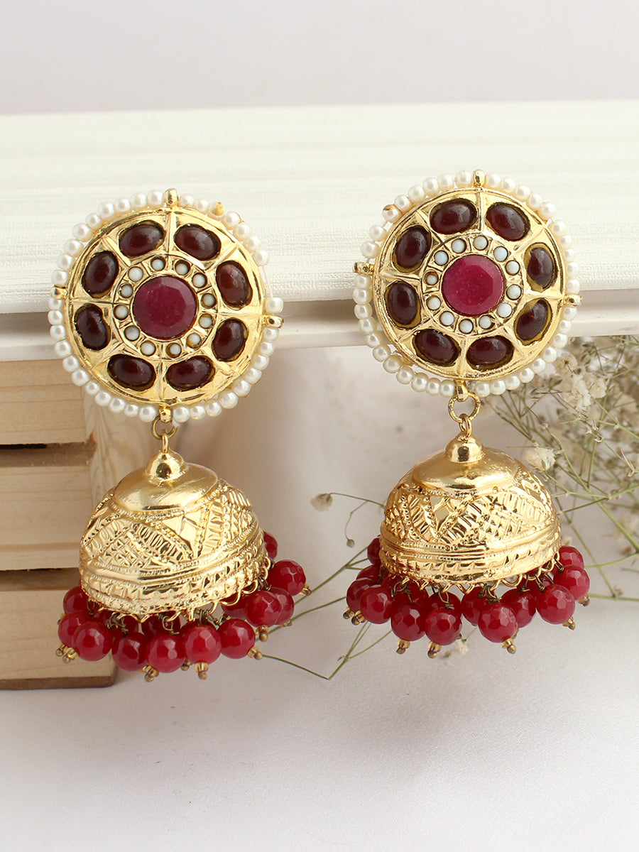 Vrishti Jhumki Earrings-Maroon