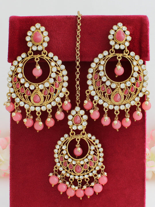 Navya Earrings & Tikka-Pink