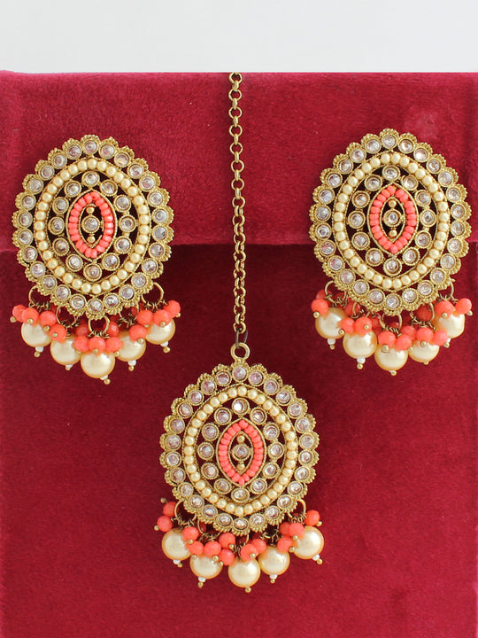 Aaradhya Stud Earrings & Tikka-Orange