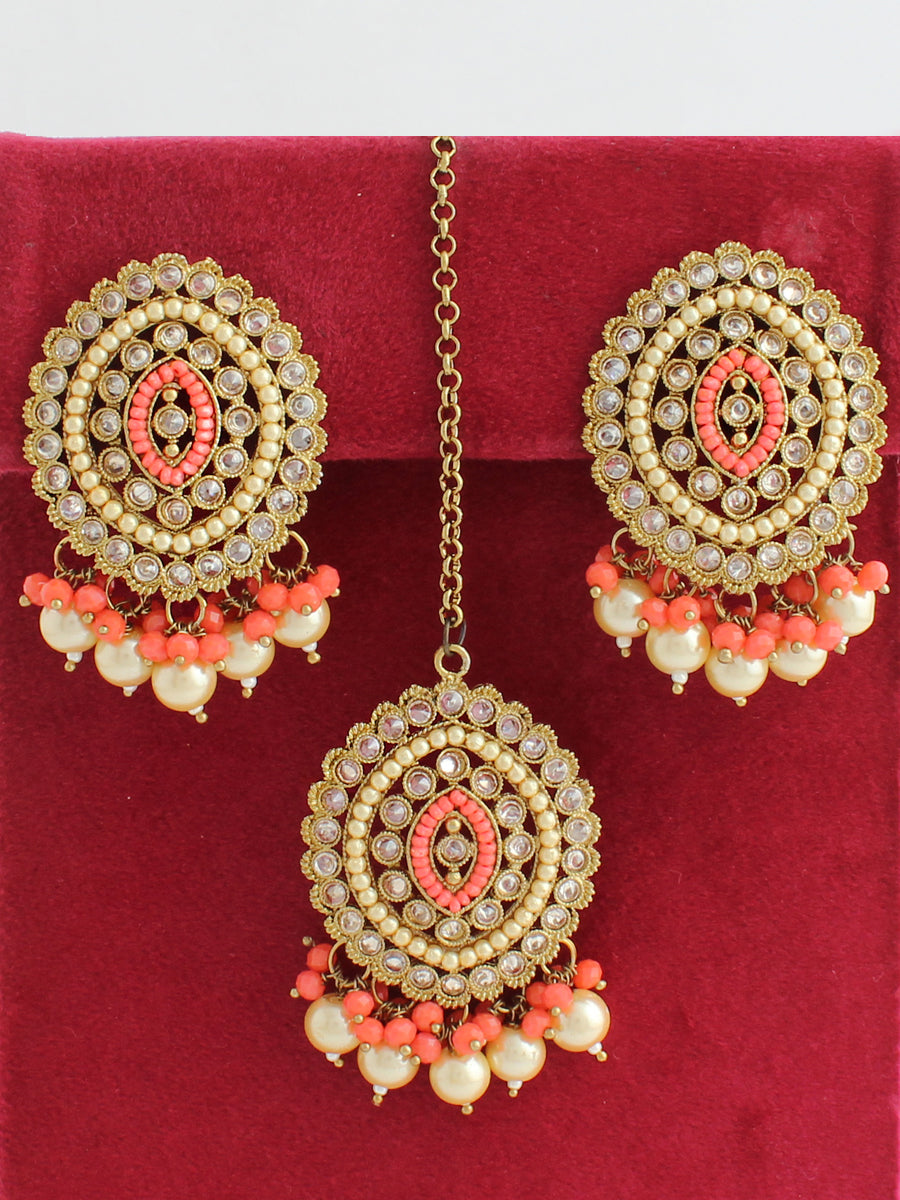 Aaradhya Stud Earrings & Tikka-Orange