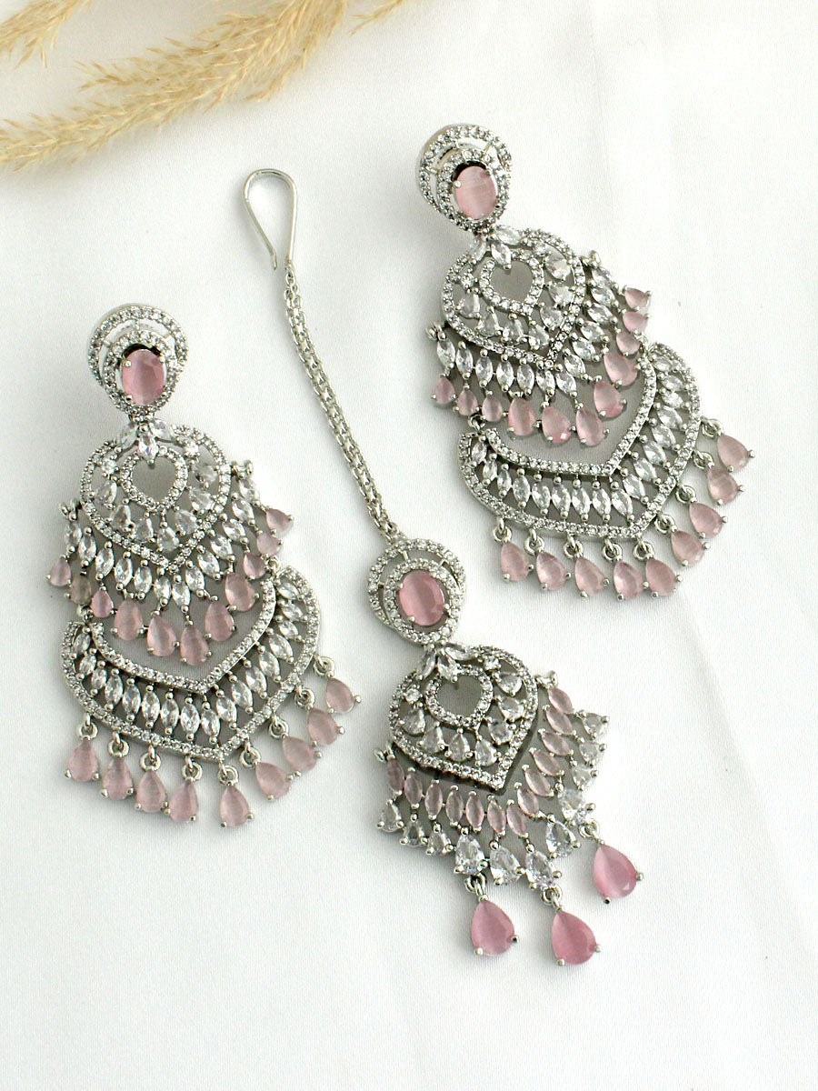  Noor Earrings & Tikka  - Silver / Pastel Pink