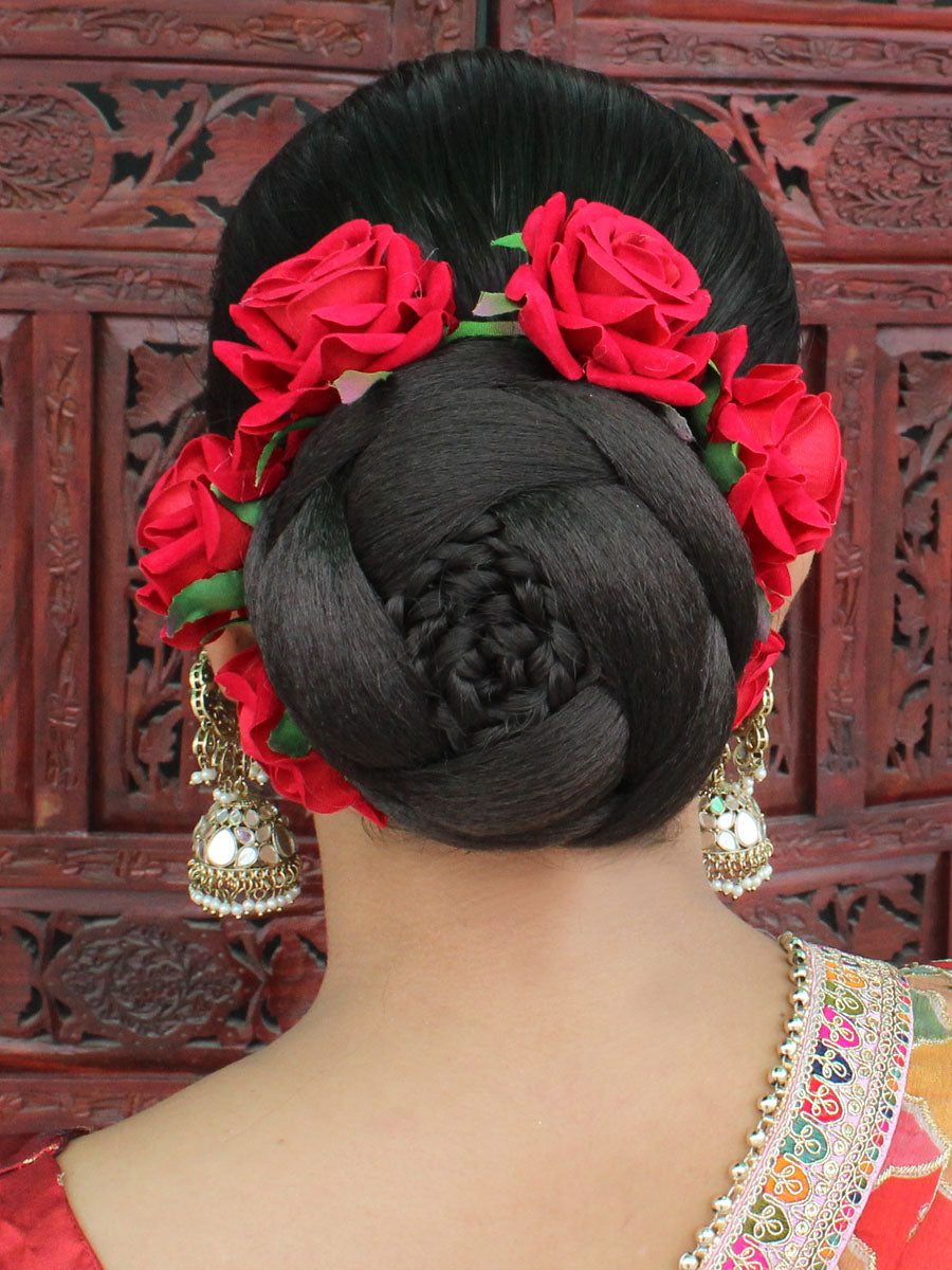 Beautiful Large Low Bun with Real Flower Gajra for Indian Bridal Hairstyles