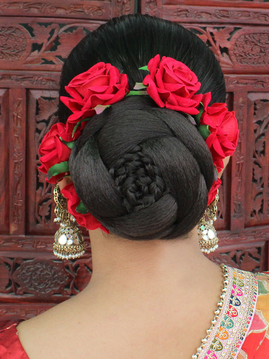Gul Artificial Flowers Hair Bun Bridal Gajra-Red