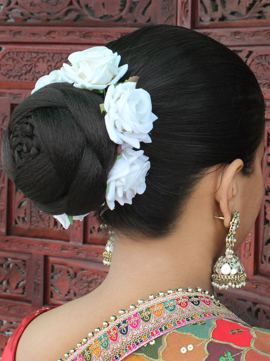 Beautiful Large Low Bun with Real Flower Gajra for Indian Bridal Hairstyles