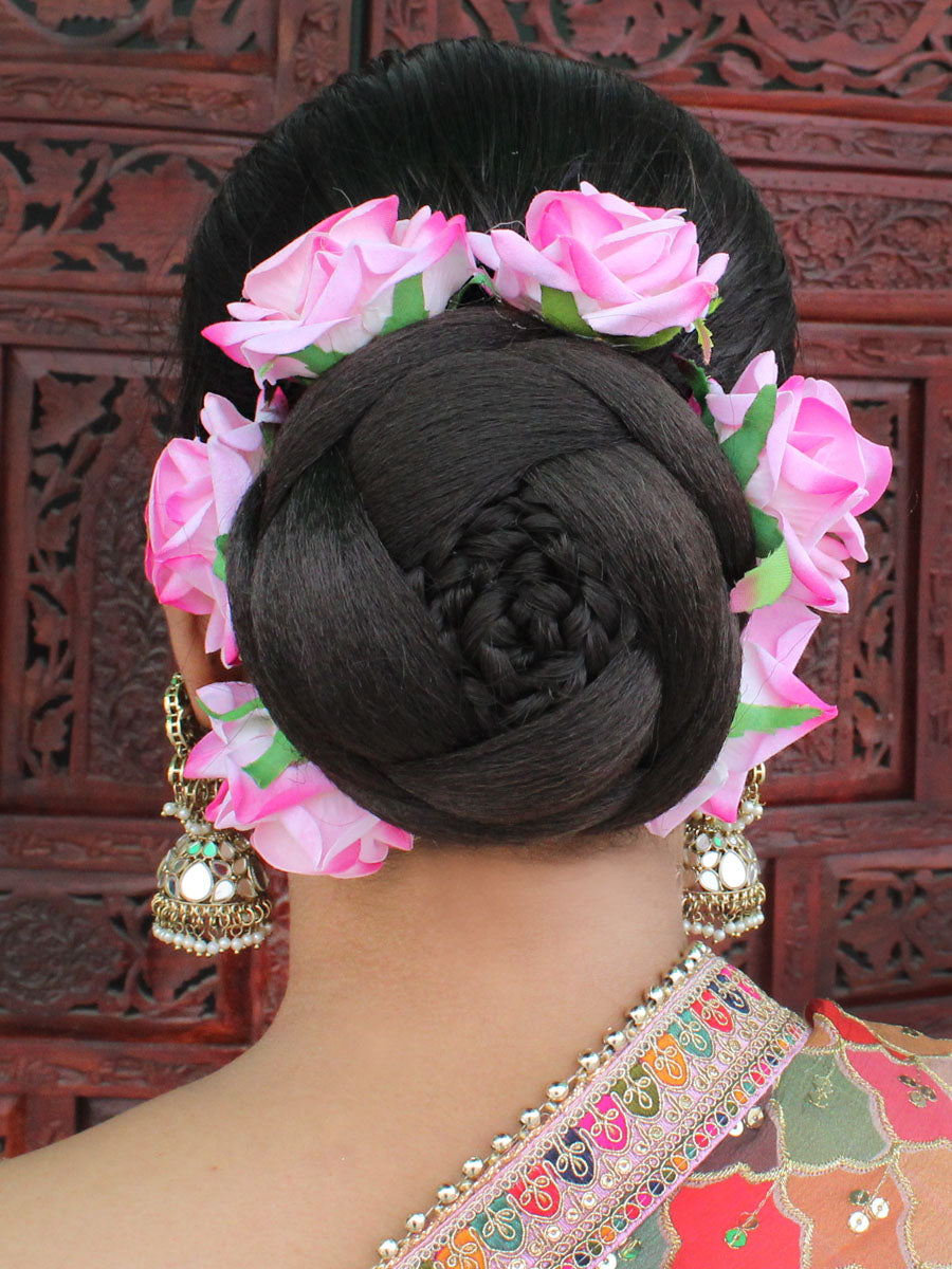 Gul Artificial Flowers Hair Bun Bridal Gajra-Pink