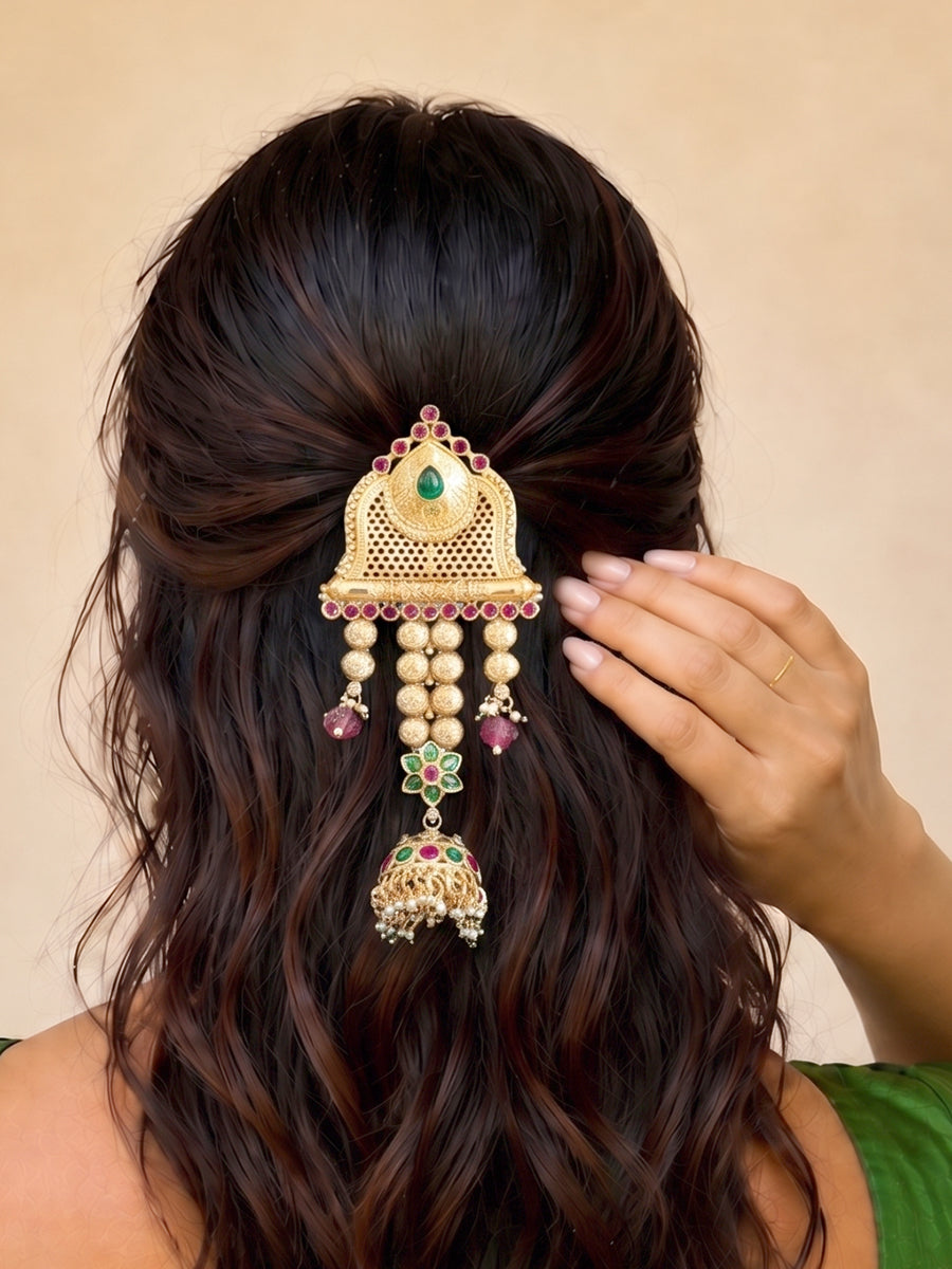 Vaibhavi Hair Bun Pin Temple Jewelry Bun Pin for Saree Styling-Pink/ Green