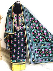 Simar Black Cotton Silk Phulkari Embroidered Suit