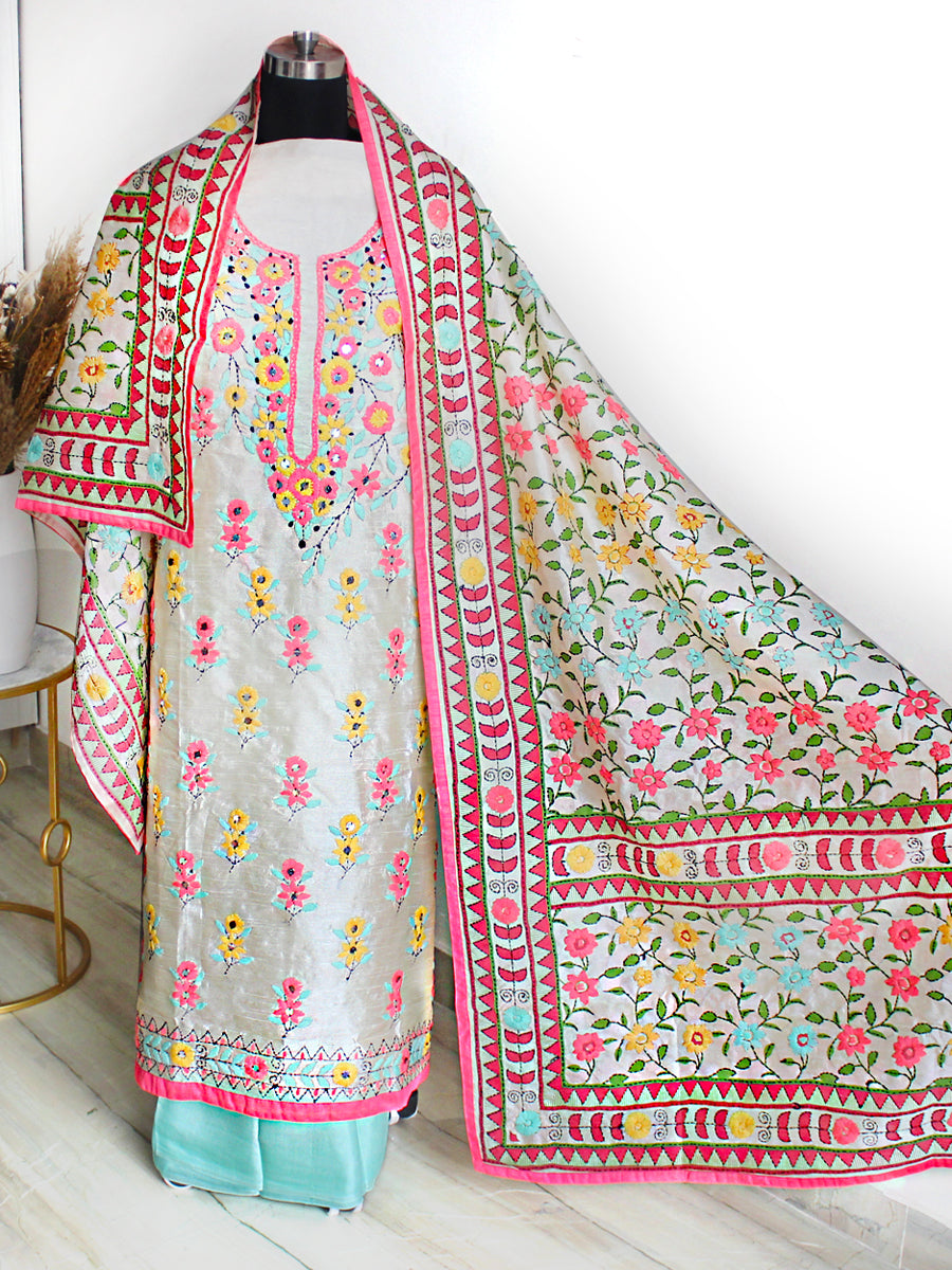 Anureet Off White Cotton Silk Phulkari Embroidered Suit