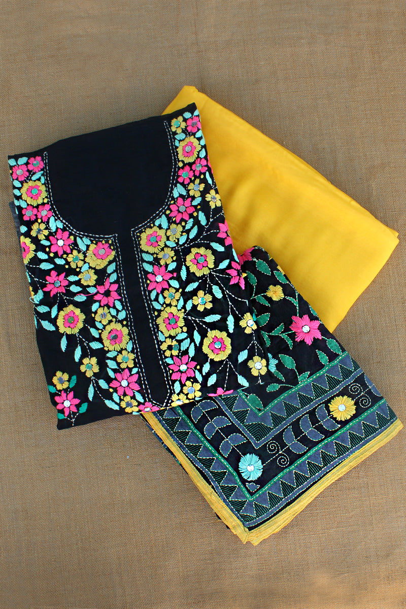 Simar Black Cotton Silk Phulkari Embroidered Suit