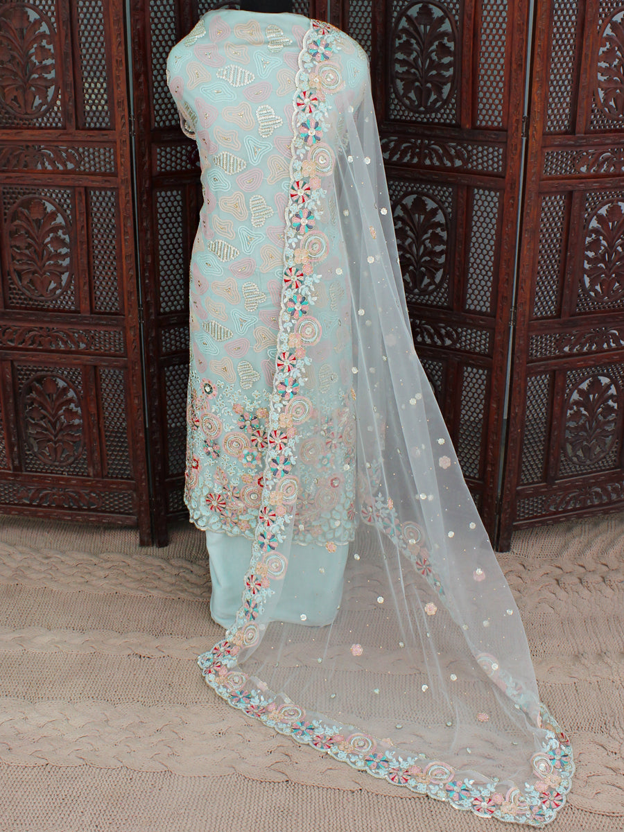 Ghazal Unstitched Fully Embroidered wedding / Party wear Net Suit-Aqua