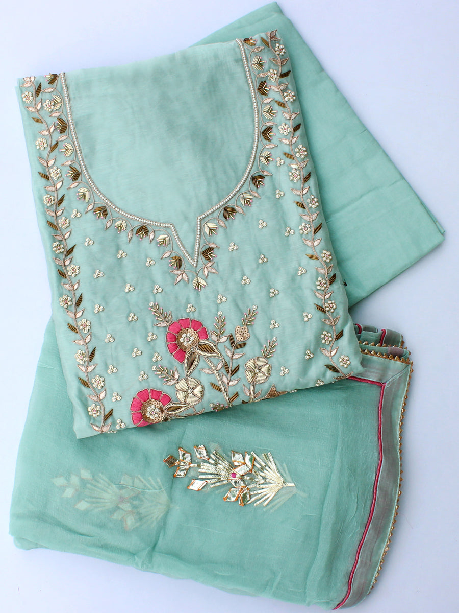 Suhana Embroidered Chanderi Suit-Aqua