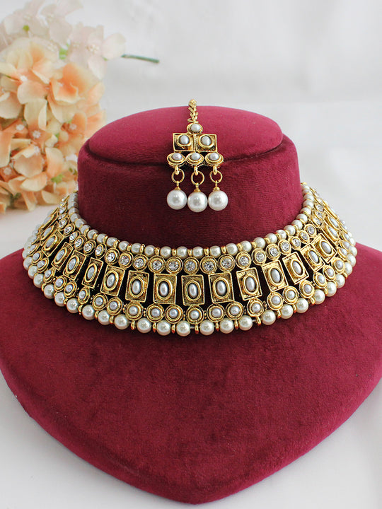 Jigyasa Bib Necklace & Tikka-Pearl