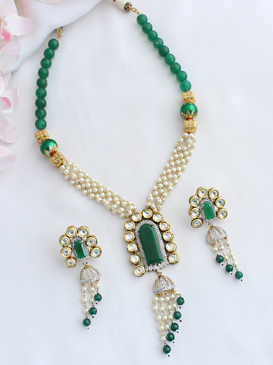 Ishani Long Necklace Set-Green