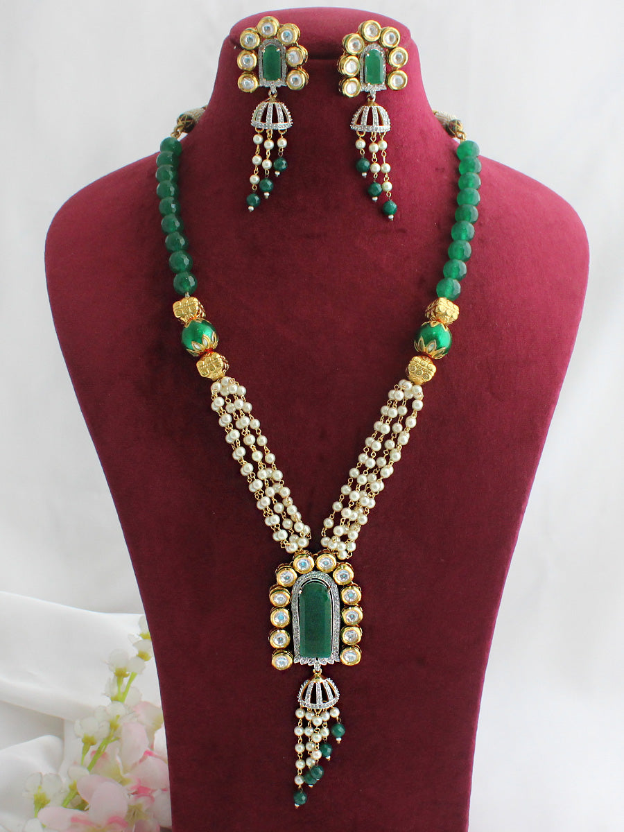 Ishani Long Necklace Set-Green